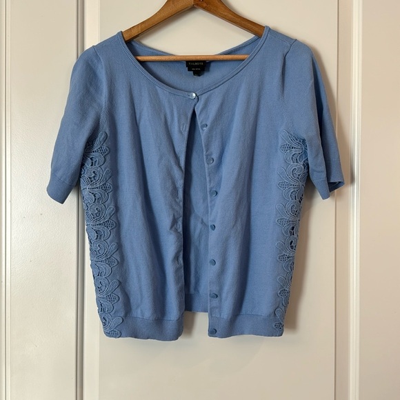 Talbots size Medium blue Cotton-Blend Cardigan Sweater Periwinkle detailed sides - Picture 1 of 10